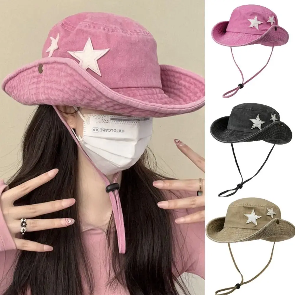 Windproof Vintage Washed Denim Hat Drawstring Adjustable Sunscreen Fisherman Hat Five-pointed Star Embroidery Wide Brim Sun Hats