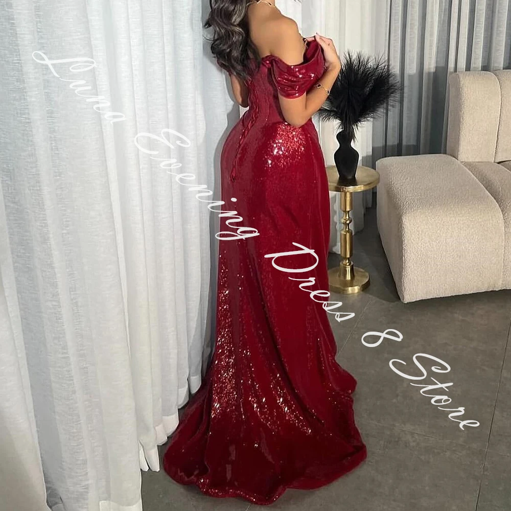 Customized Elegant Satin A-Line Off the Shoulder Evening Dress Strapless Lace Up Back Short Sleeves Panel Train Floor Length