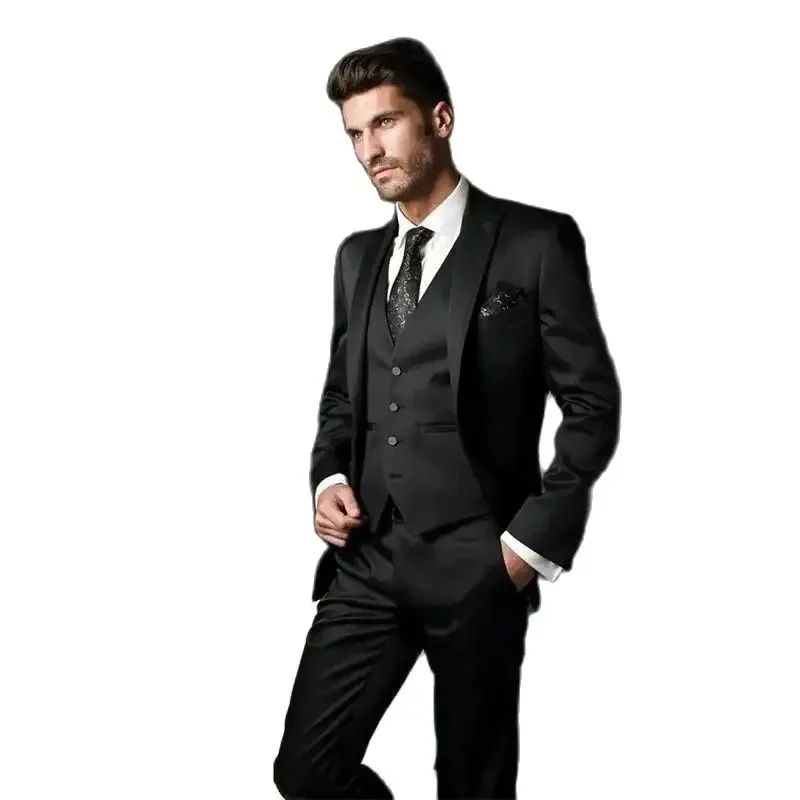 Bespoke Black Men's Suits Elegant Wedding Costume Homme Single Breasted Peak Lapel Regular Length 3 Piece Jacket Pants Vest Sets