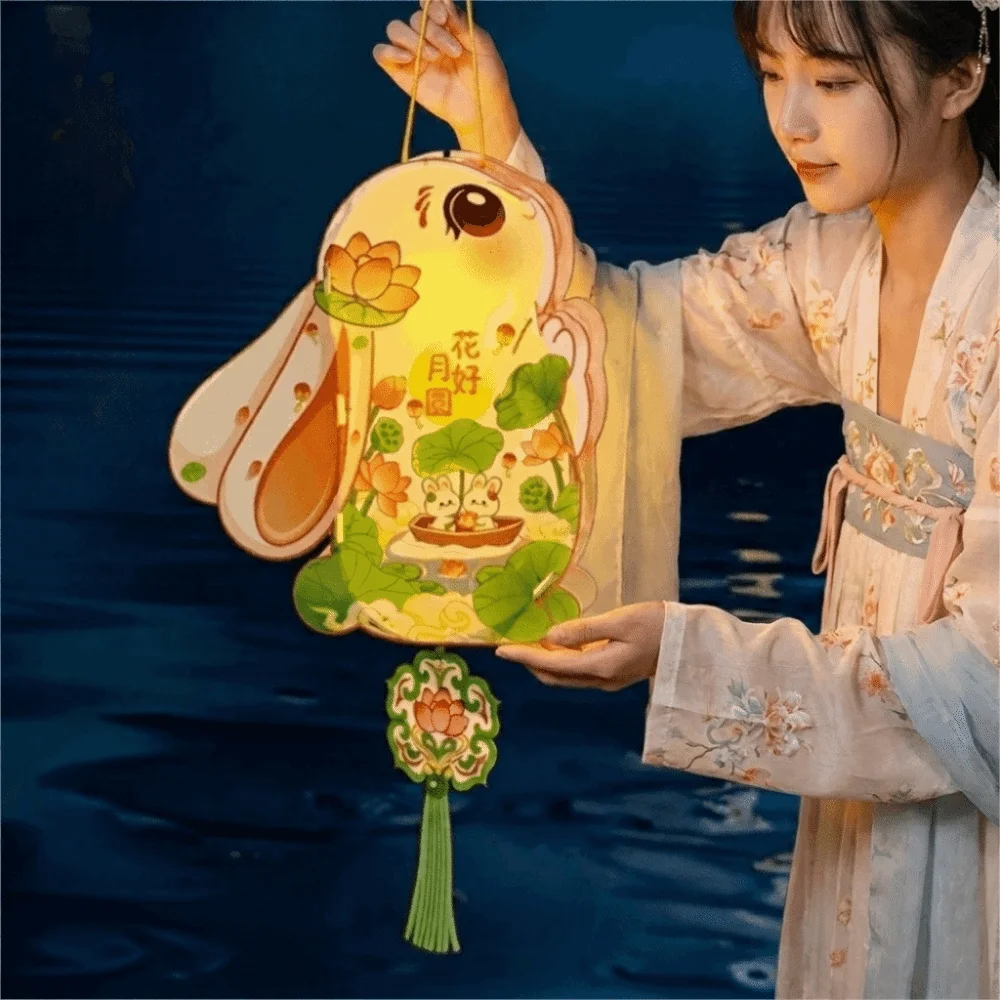 Cartoon Rabbit Lanterns Luminous Handmade Mid-Autumn Festival Lantern Glowing Chinese Style Lantern DIY Material Package Kids