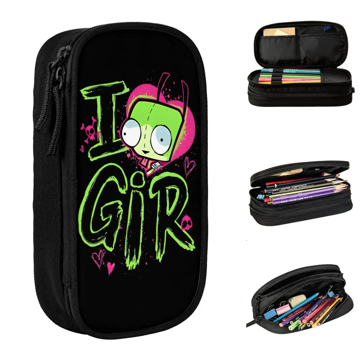 Invader Zim I Love GIR Pencil Cases Pencilcases Pen Holder for Student Big Capacity Bag School Supplies Gifts Stationery
