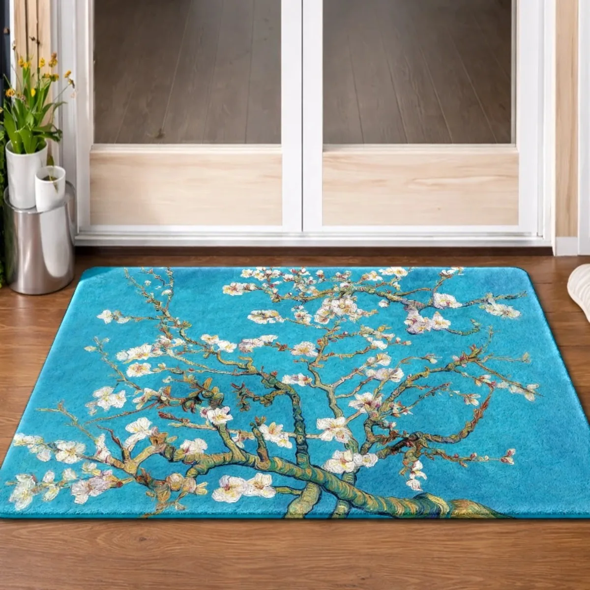 Blue Cherry Blossom Sakura Floral Doormat Rug Waterproof Indoor Outdoor Spring Entrance Mat Decor Mat