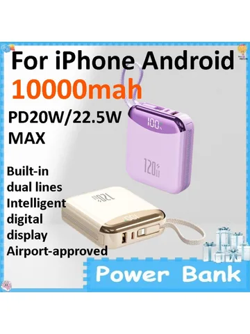 Портативный внешний аккумулятор 10000 мАч, 22.5 Вт, быстрая зарядка PD, тонкий мобильный источник питания со встроенным кабелем для iPhone и Android