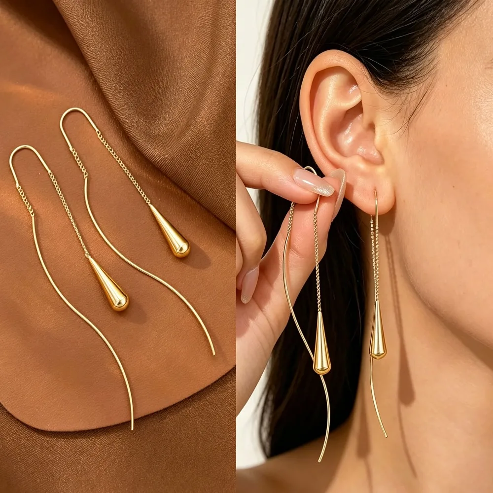 Women Korean Style Thin Linear Threader Drop Earrings, Slim Long Ear Line Fashion Ear Jewelry Accessories