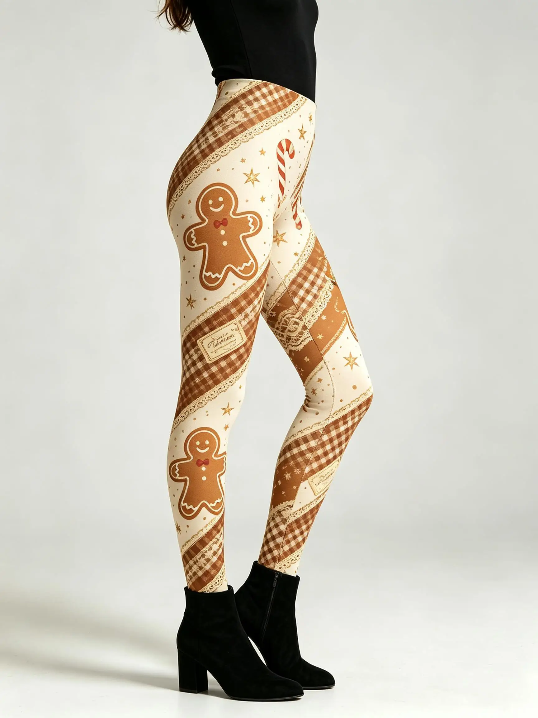 Women Fleece-Lined Mid-Rise Leggings Christmas Bell Holly Snowflake Lace Print Slim Warm Pants