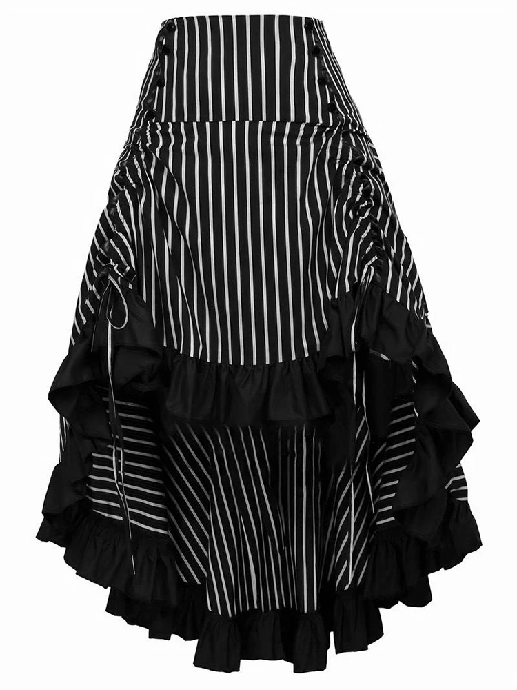 Black and white striped layered pleated long skirt - high waist, Korean style, perfect for spring and summer matching