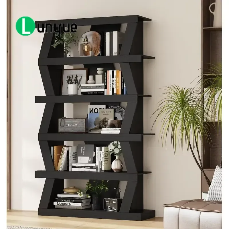 5-Tier Heavy Duty Waterproof Modern Bookshelf Black Wood Display Shelf for Book Storage Home Office Living Room Sturdy