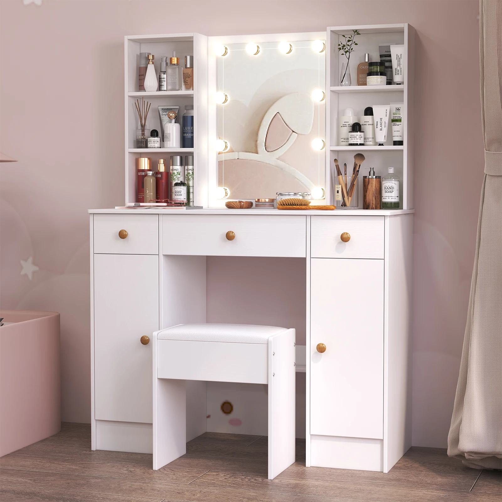 White Makeup Vanity Desk Set with LED Lighted Mirror & Stool, Large Dressing Table 3 Drawers 2 Cabinets 4 Storage Shelves Bedroom Cosmetic Dresser Furniture