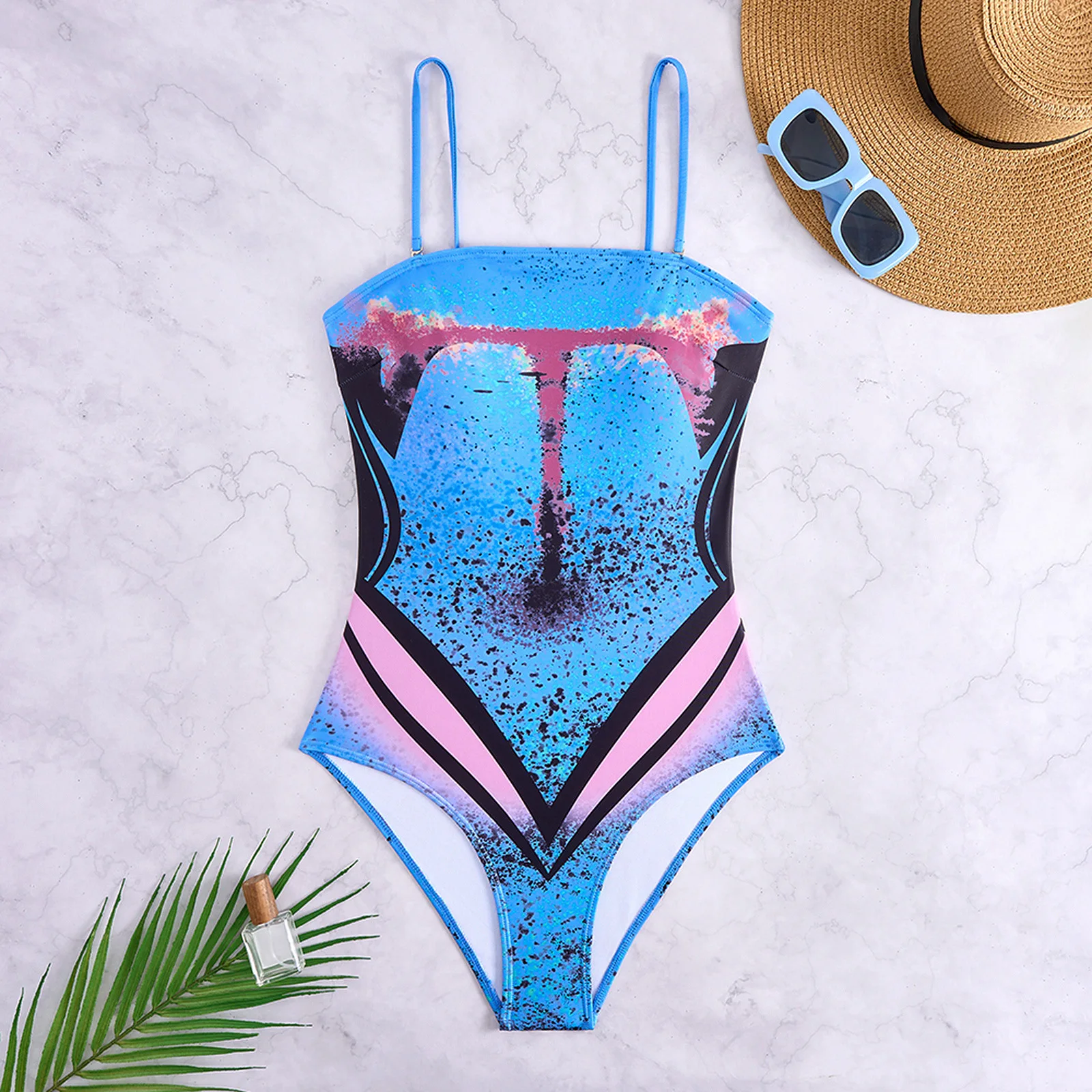 Sexy maiô de uma peça 2024 moda azul impresso banho saia de poliéster conjunto de duas peças beachwear push up conjunto de biquíni feminino