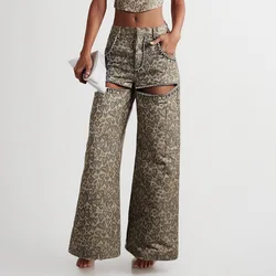 Leopard Women Jeans Female Love Shape Casual Work Wear Luxury Crystals Sexy Hollow Wide Leg Trouser Pants With Pocket