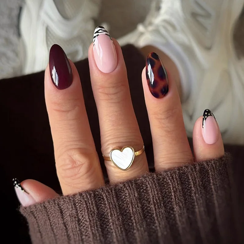 24 قطعة مجموعة الأظافر الزائفة الشتوية السوداء الاكريليك ليوبارد طباعة الفرنسية تلميح اللوز وهمية مسمار الفن مع تصميم مسحوق لامع اضغط على الأظافر #6