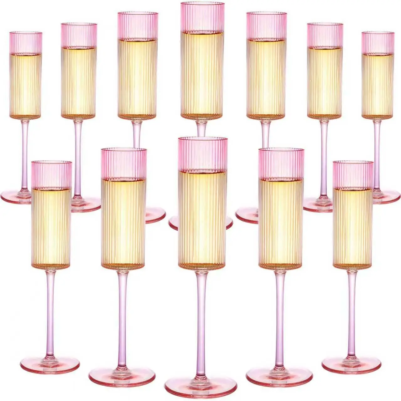 

12 Pcs Pink Champagne Flutes 6 oz Ribbed Plastic Cocktail Glasses for Wedding, Party, Birthday