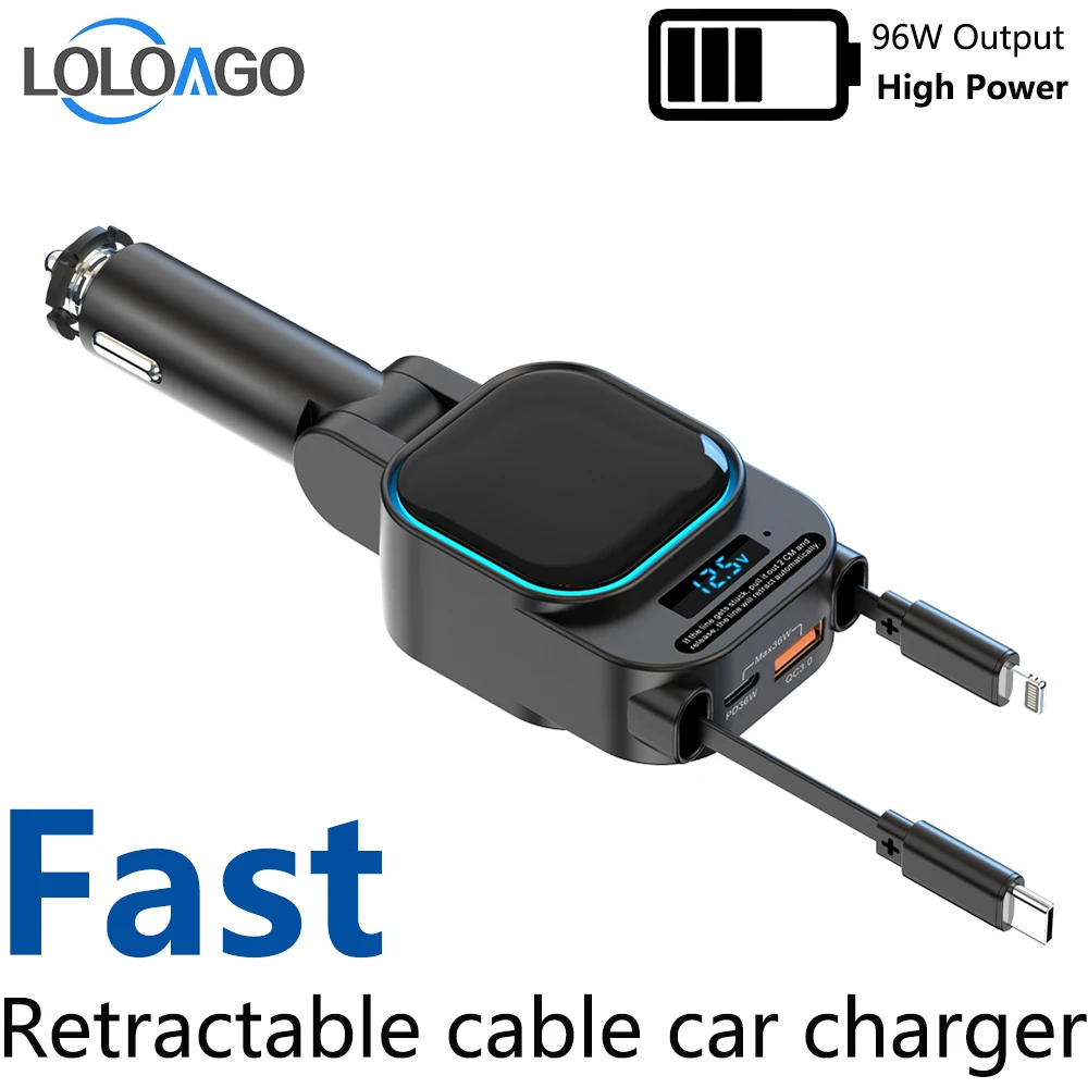 

SC07 96W Dual Retractable Car Charger, Type-C/Lightning Ports, QC3.0 PD3.0 Fast Charge, 12V-24V Universal Auto Charger
