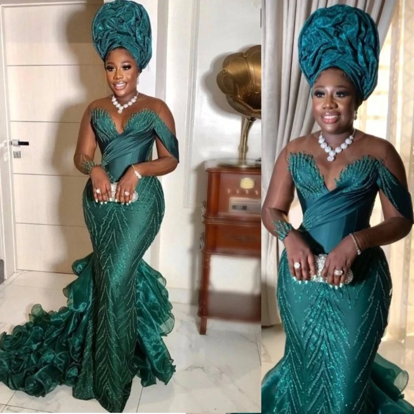 Emerald Green Aso Ebi Mermaid Prom Dresses Plus Size Beaded Lace Sheer Neck African Gown Evening Dress with Ruffled Train Custom