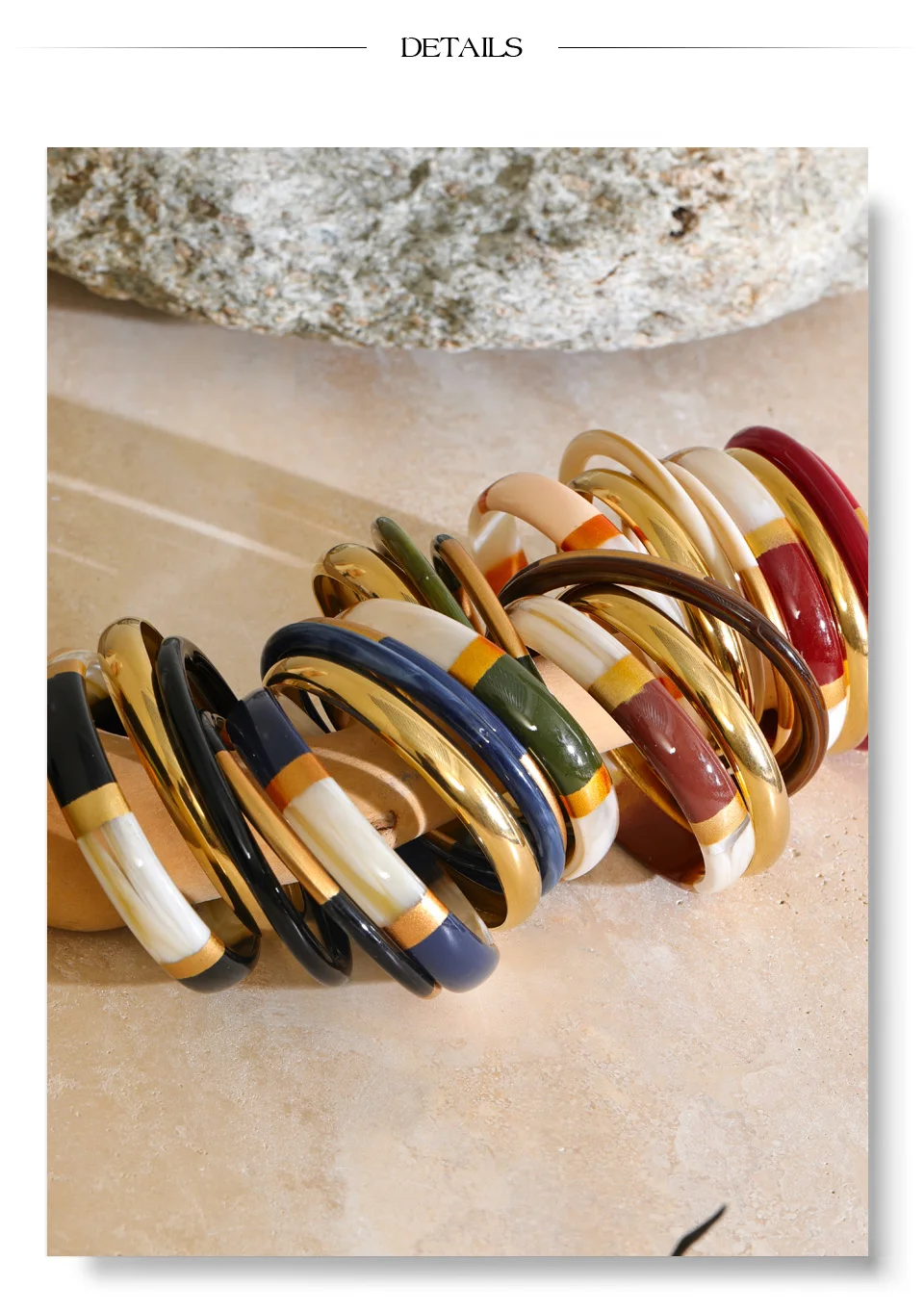 Yhpup 65mm 1 Set Edelstahl-Harz-Armreif, rund, mehrlagig, mehrfarbig, Herbst-Winter-Statement-Schmuck, wasserdicht – Detail 9