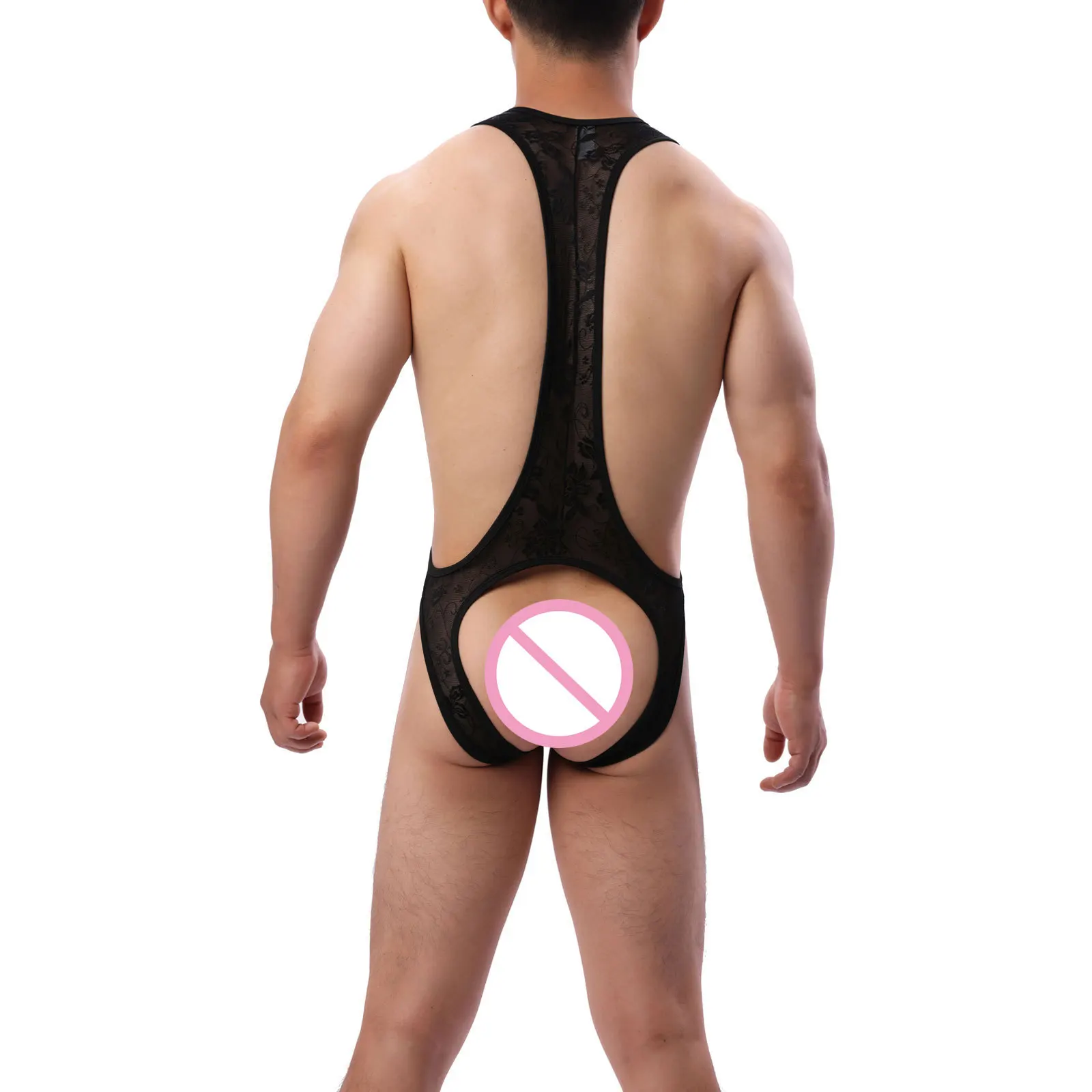 الرجال مثير بودسوت/ بدلة الجسم المصنوعة من الدانتيل مفتوحة المنشعب ضيقة الجوف خارج عارية الذراعين على شكل حرف U جيب T-السراويل الساخن مثير الملابس الداخلية للذكور الكبار