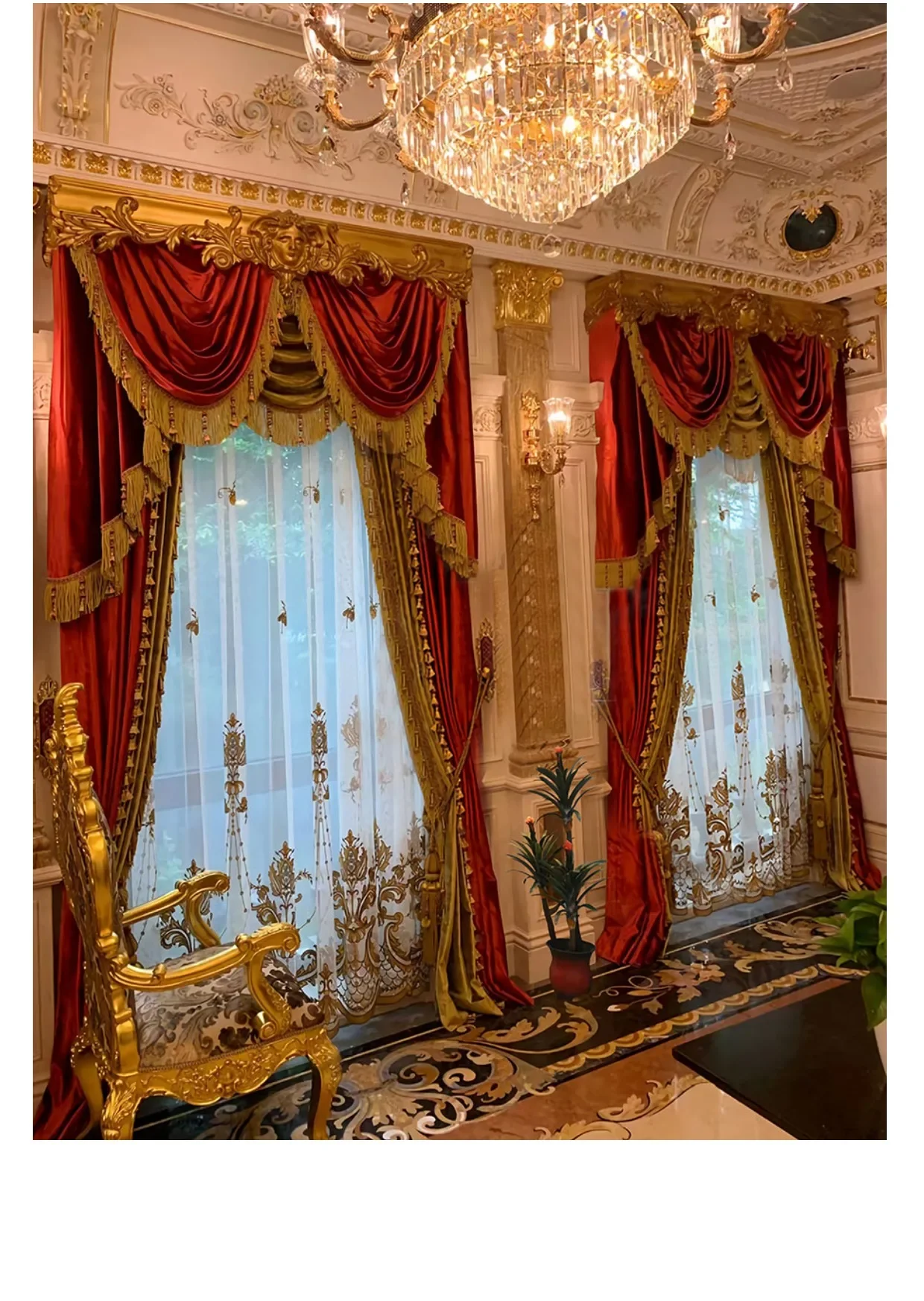 Gold Red Embroidered Window Screen Velvet Splicing Thickened Curtains for Living Room Bedroom French Balcony Villa Valance