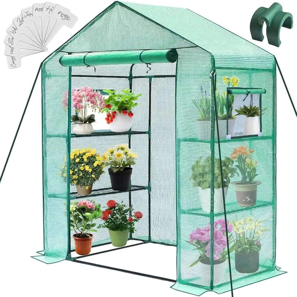 

Greenhouse, 28 x 57 x 76'' Greenhouses for Outdoors, Small Plant Green House with Screen Windows, 3 Tiers 4 Shelves, Durable PE