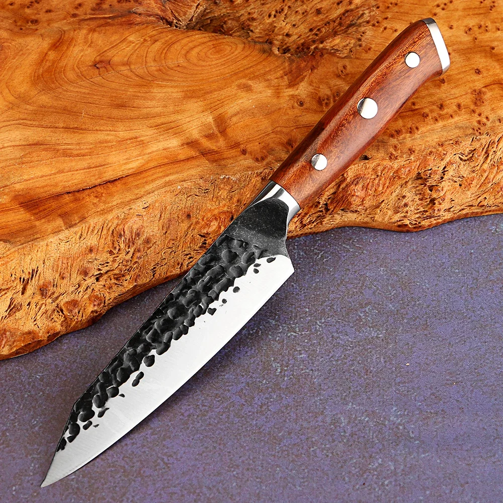 Handgefertigtes geschmiedetes Allzweckmesser, japanisches 5-Zoll-Küchenschälmesser, 5 Cr15 Mov Edelstahl, scharfes Schälmesser, Pakkawood-Griff