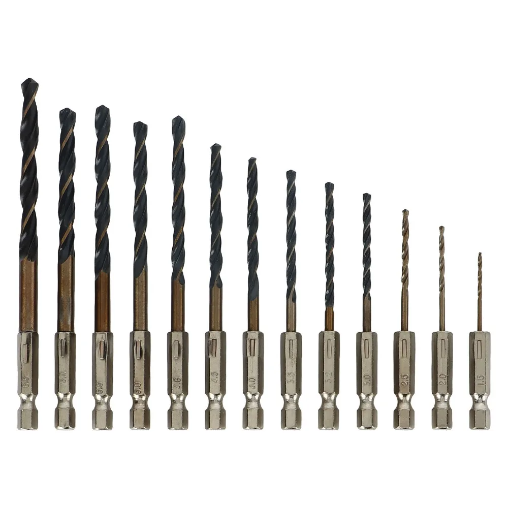 13pcs 1/4 Inch Hex Shank Twist Drill Bit Set 1/16IN-1/4IN Diameter 1.5-6.5mm Size Range Hex Shank Drill Bits HSS Material
