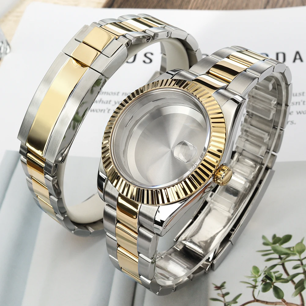 

36/39mm Gold Pvd Watch Case Fluated Curved Bezel Insert Sapphire For SK DJ NH35 NH34 NH36/38 Miyota8215 Movement Oyster Bracelet