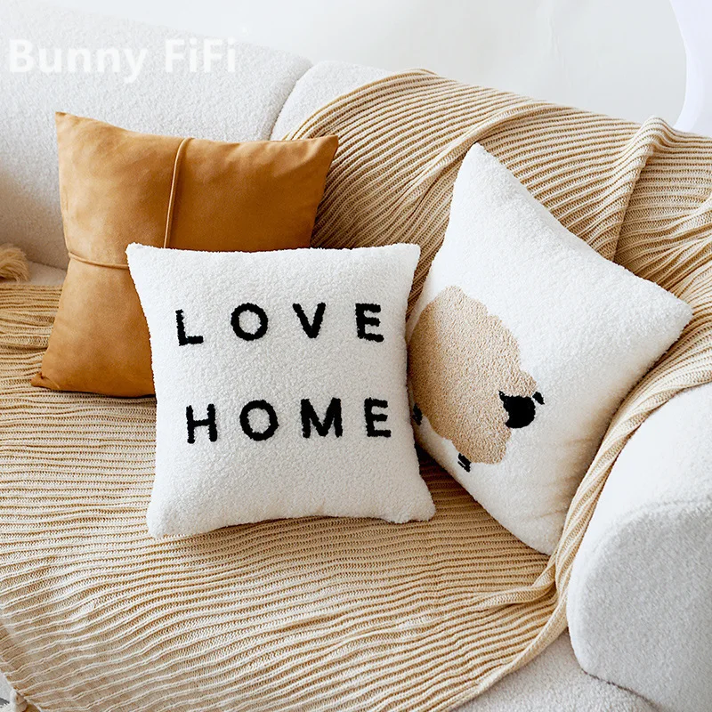 Cute Sheep Love Home Throw Pillow Covers Fur Plush Velvet Decorative Cushion Cover For Sofa Bed Chair Living Room Home Decor