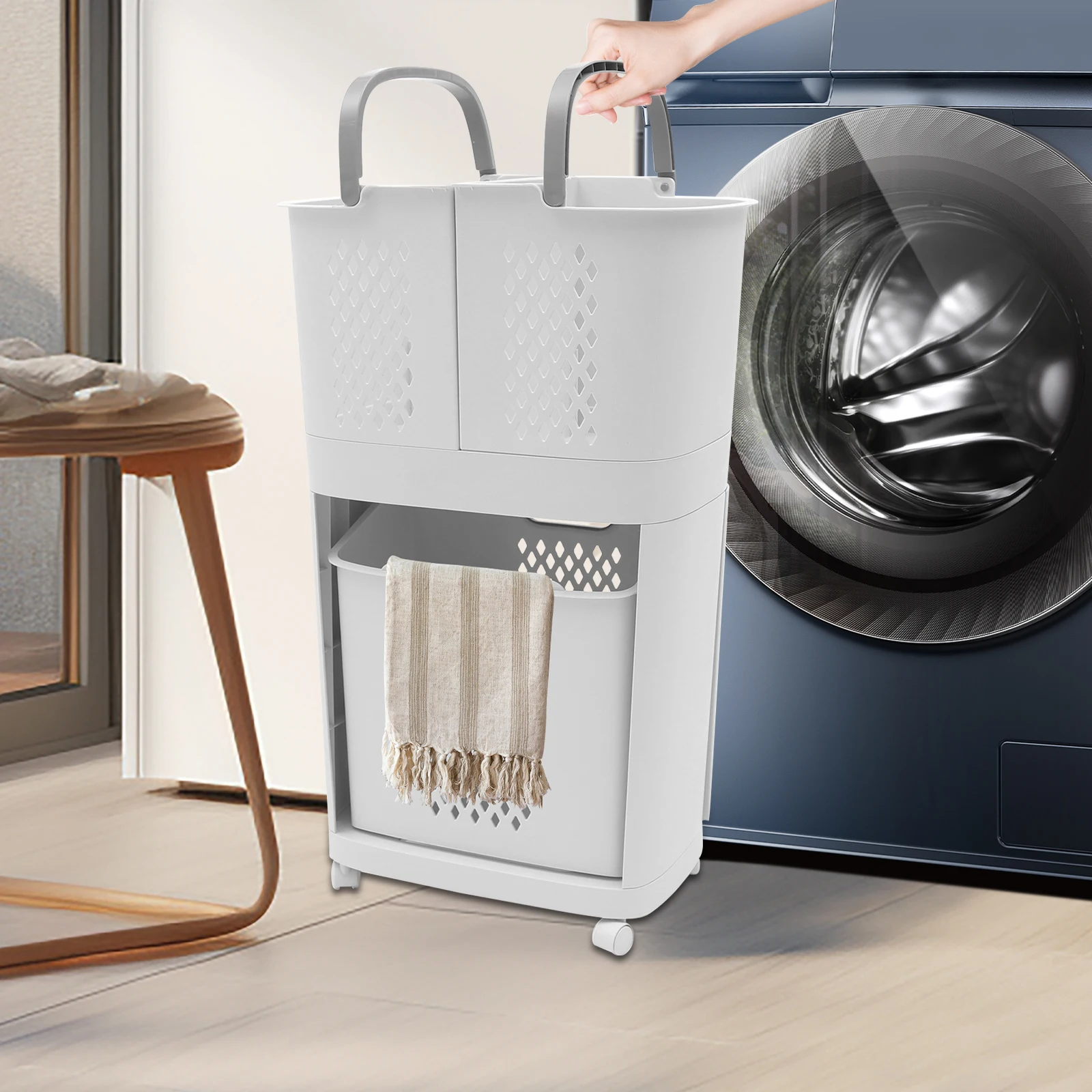 

2-Tier Laundry Basket, Dirty Clothes Sorting Basket with Wheels, Freestanding Clothes Storage Basket, for Laundry Room, Bathroom