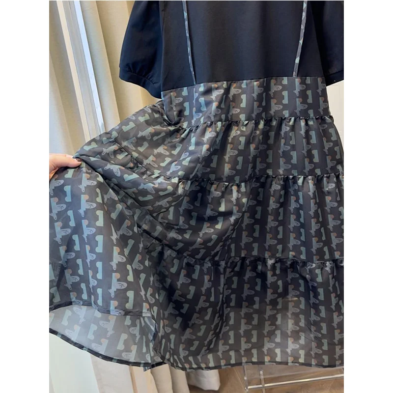 Fashion Printing Camis T-Shirts Dresses Fashion Women Clothing O-neck Short Sleeve Fake Two Pieces Dresses Summer Midi Dress