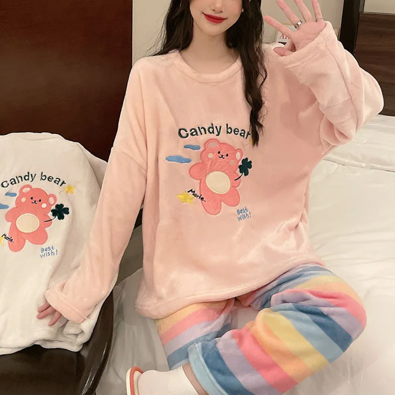 Thickened Warm Large Size Autumn Winter Pyjamas Long-Sleeved Trousers Female Coral Velvet Cartoon Bear Two-Piece Homewear Girl