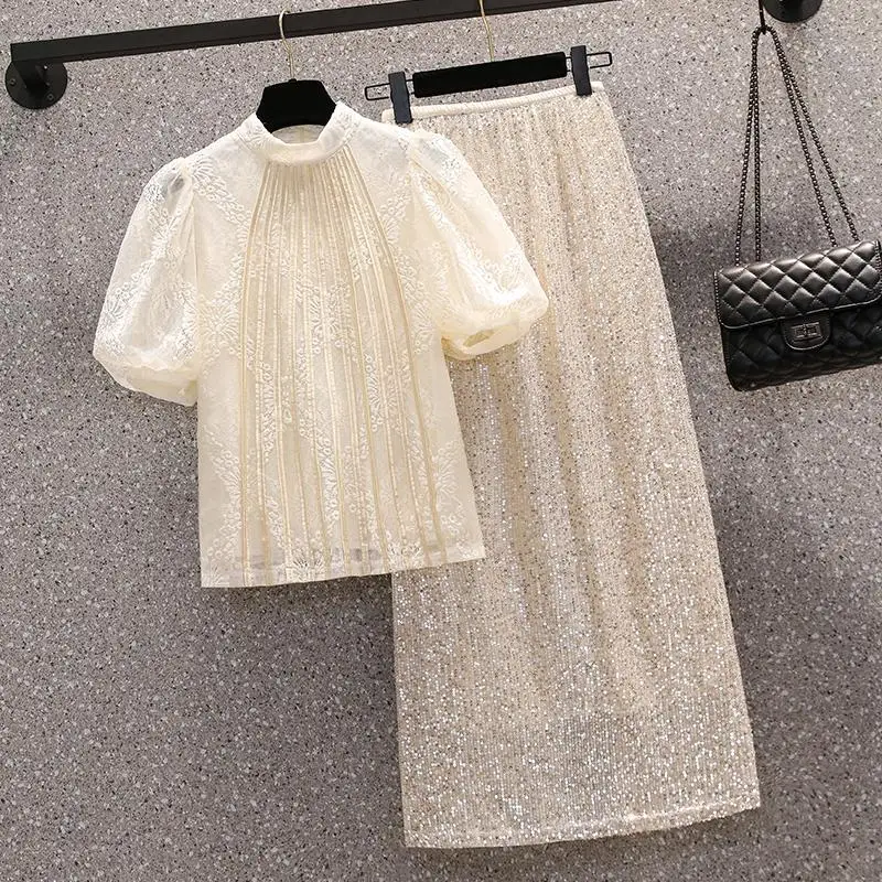 Women Summer Sequin Skirt Suit Embroidery Shirt Top And Midi Long Skirt Two Piece Set Matching Outfits Lage Ladies Elegant Cloth