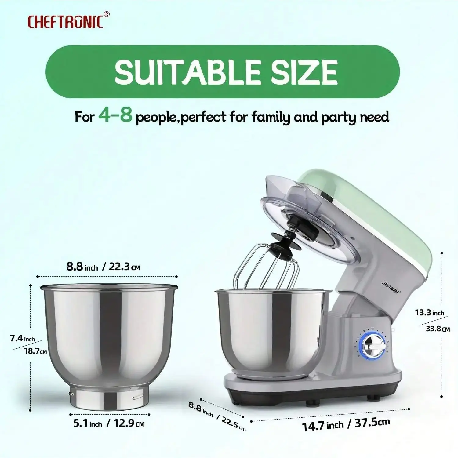 CHEFTRONIC Stand Mixer, 5.2 L Tilt-Head Electric Stand Mixer with 1500W Power and 6+P Speed Settings, home appliance,UK Plug