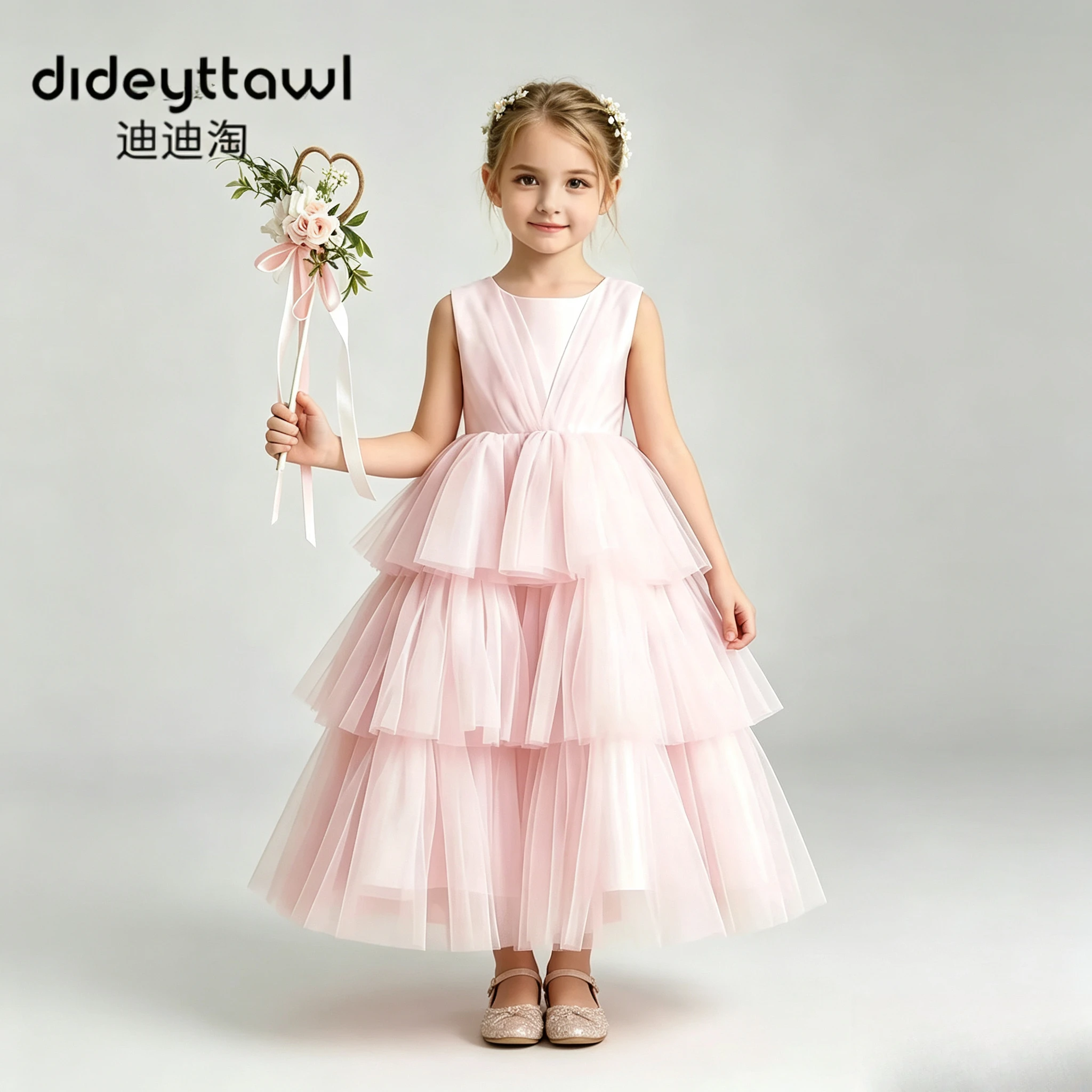 Girls Sleeveless Tiered Tulle Flower Girl Dress Multi Color Available Kids Formal Party Evening Gown Bow Back Pageant Long Dress