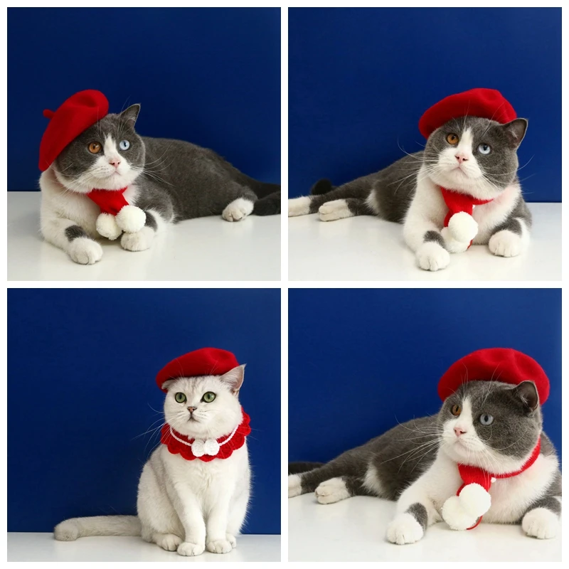 Cat Hat Headgear Fine Workmanship Cashmere Elegant Soft Pet Beret Bow Tie Collar Decoration Dogs Cap Beret For Decor New Year