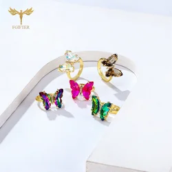 18 Colors Zircon Butterfly Rings For Women Girls Luxury Gold Color Copper Hand Finger Jewelry Accessories Adjustable Size Gifts