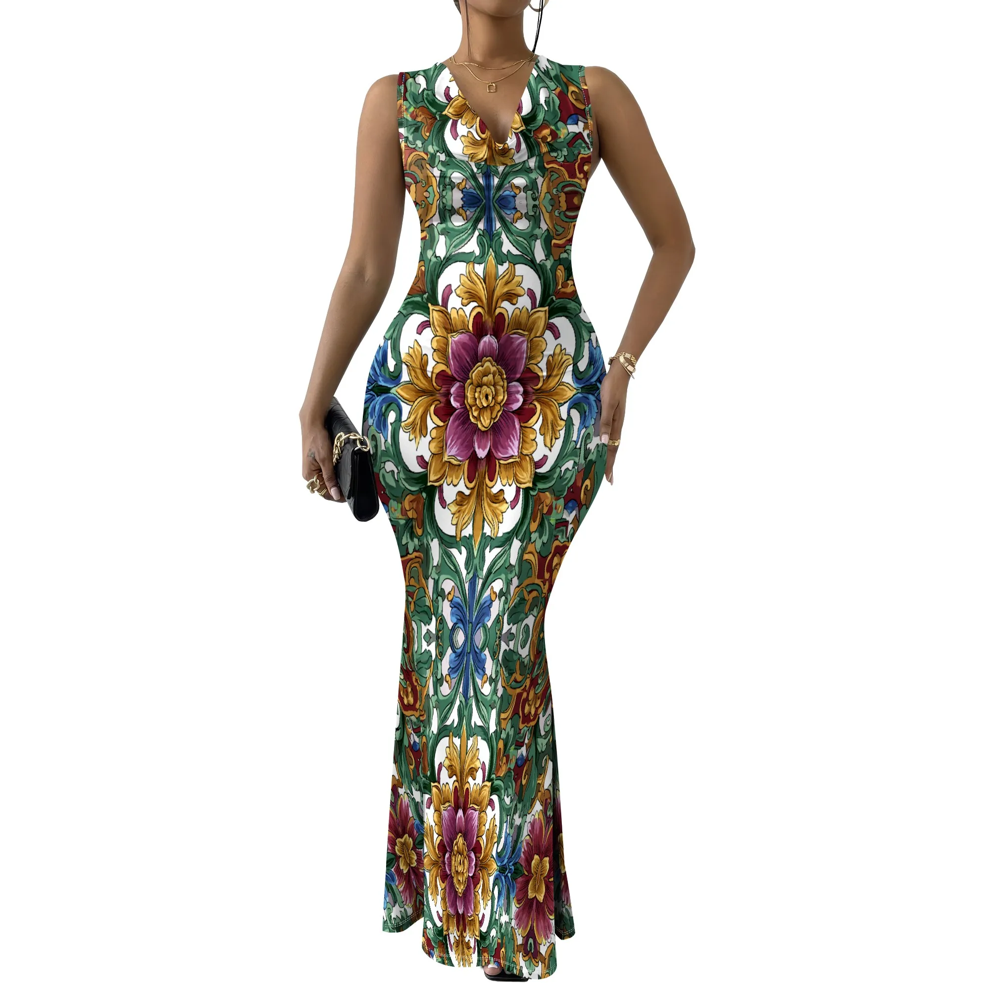 Elegant Floral Print Maxi Dress XS-2XL Perfect for Autumn Winter Parties, Weddings, and Evening Outfits