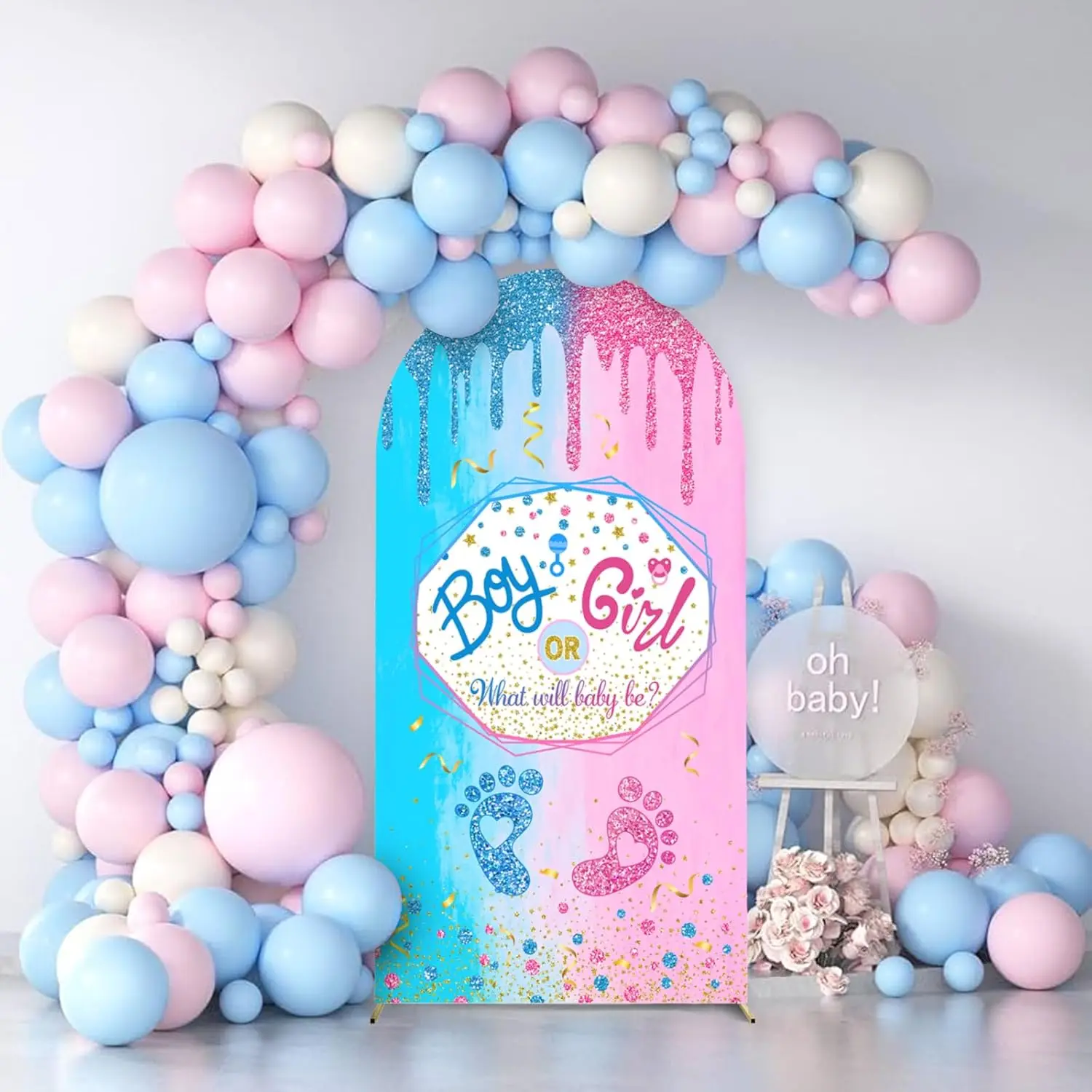 

Фон с изображением арки с определением пола, чехлы для мальчиков или девочек, розовый или синий фон, тематические украшения для вечеринки в честь маленьких ножек для новорожденных