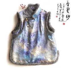 2024 Winter Original Fur Collar Printed Cotton Tang Suit Vest Women's Clothing Chinese Style Thermal Vest Mother's Day Gifts