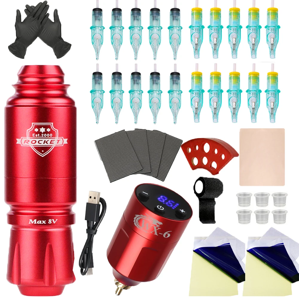 

Complete Wireless Tattoo Kit Rotary Tattoo Machine Set DC Jack LED Power Supply With 20PCS Cartridge Needle For Permanent Makeup