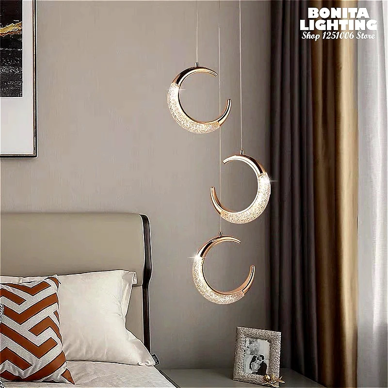 

Modern French Crescent Moon Wall Lamp Bathroom Bedside Restaurant Glow Crystal Diamond Creative Design Hanging Chandelier