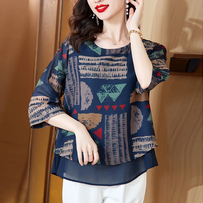 

Ele Chiffon irt Women's ort Sve T-irt Summer New Loose Large Size Slimming Silk Mid-Sve Mom Top