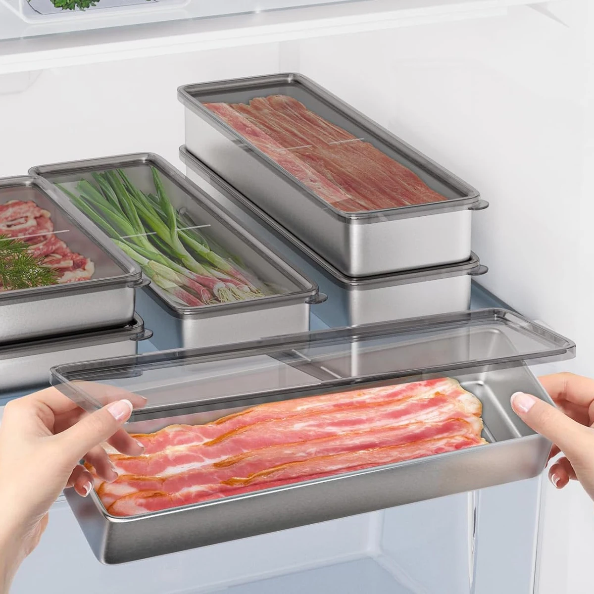 Bacon Container for Refrigerator 304 Stainless Steel Airtight Deli Meat Storage Box Safe Kitchen Food Storage Containers