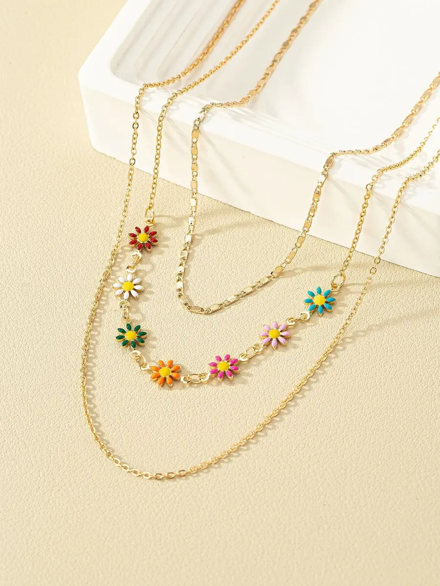 

3pcs Flower Charm Layered Necklace For Women Casual Romantic Jewelry Gift