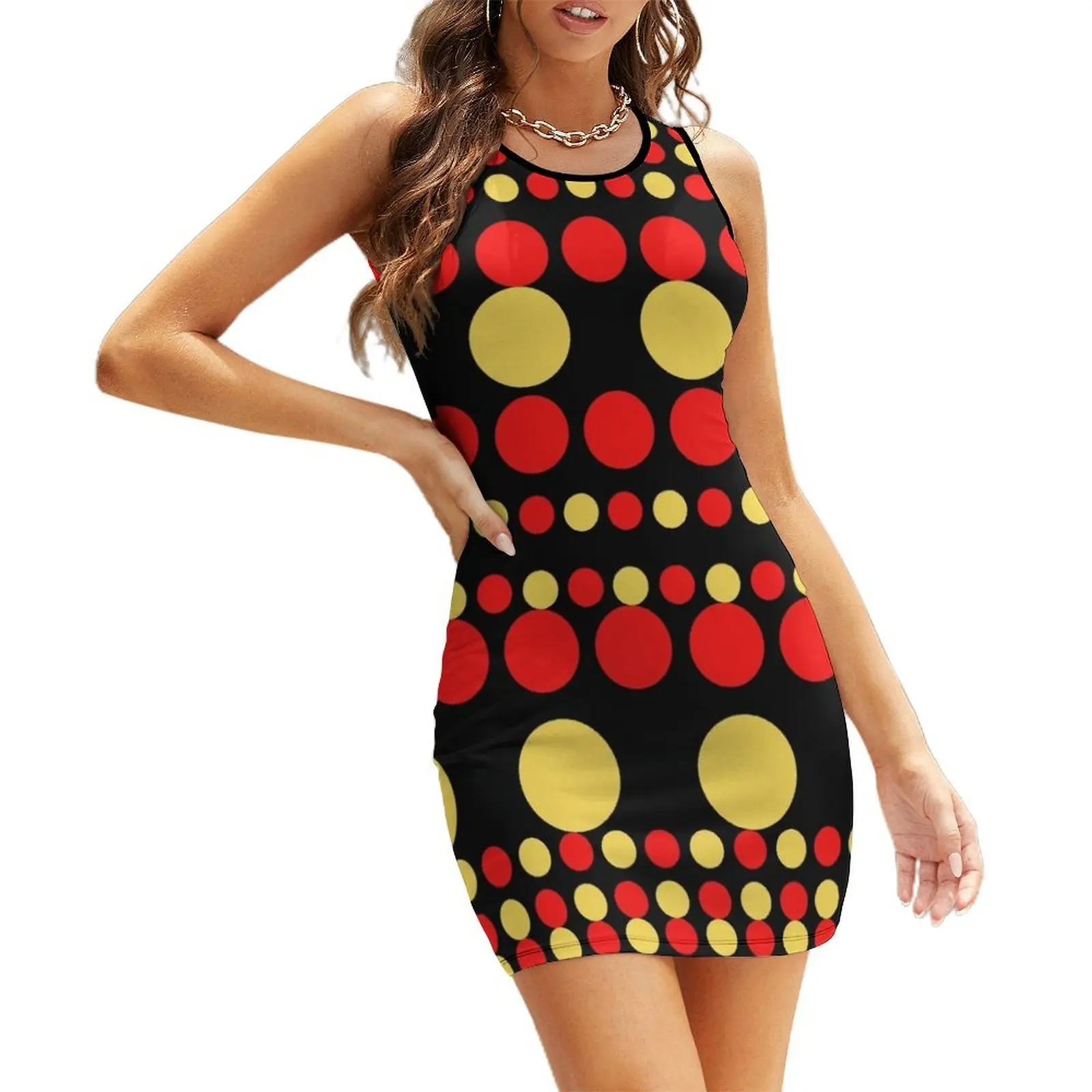 

Multi Color Polka Dots - Red Yellow Black Background Sleeveless Sundress women's luxury party dress Bridesmaid dress woman