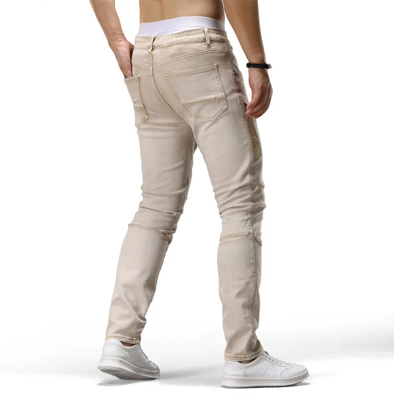 メンズジッパー付きスプライシングデザインのトレンディなレトロ風ストレッチジーンズ、ストリートスタイルの個性的なストレッチバイクパンツ