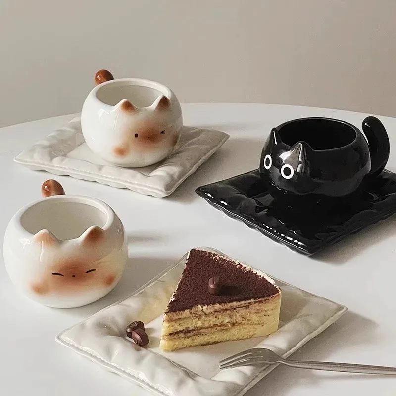 

Cute Siamese Cat Ceramic Mug Lovely Creative Latte Coffee Cup Gift for Women Couple Pair