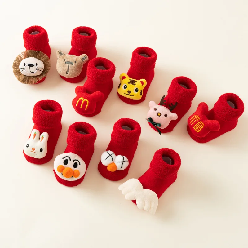 Cartoon Baby Sock Winter Newborn Elk Tree Christmas Red Thick Warm Stocking Infant Anti-slip Floor Terry Sock Christmas Gift