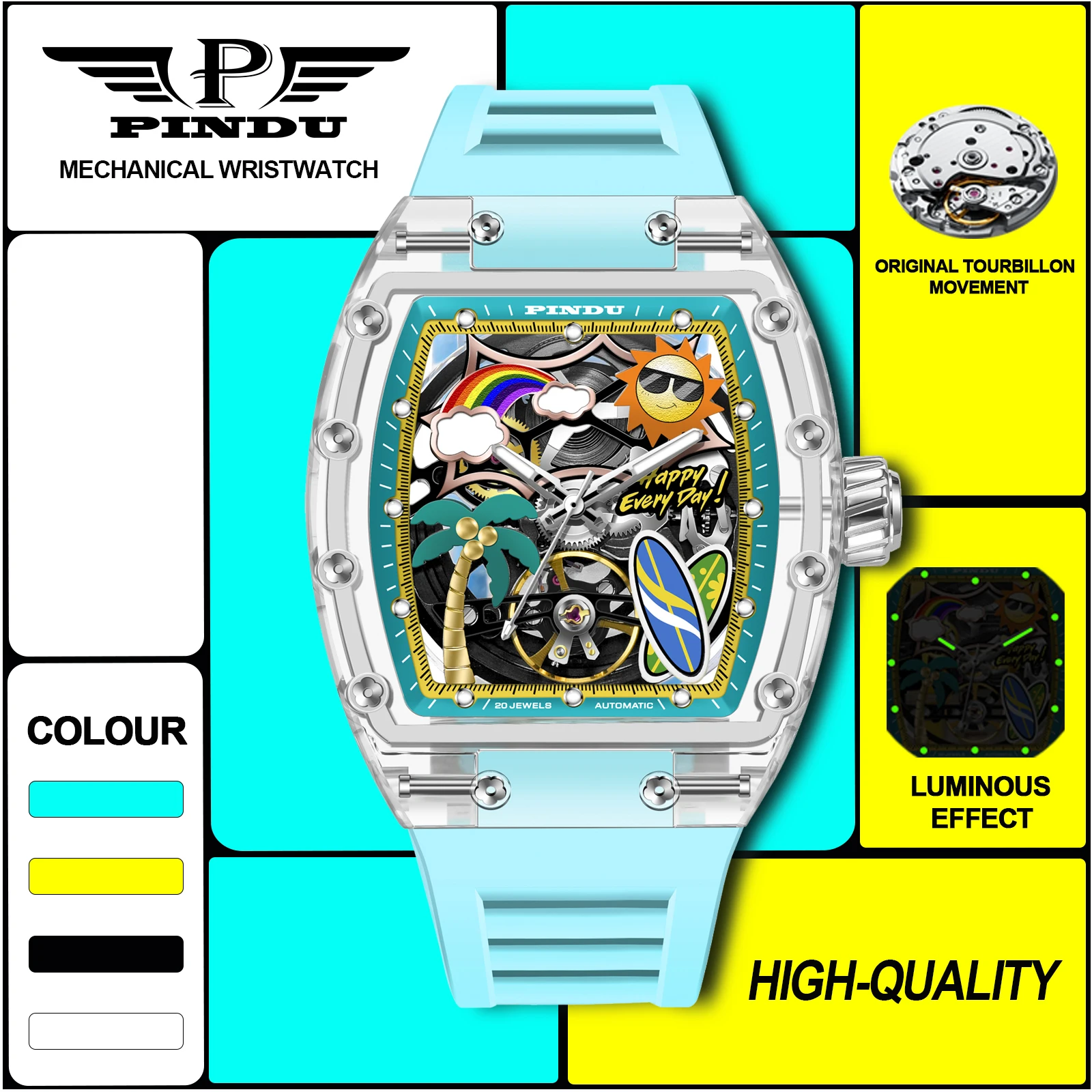 

New PINDU Watch Unique Dial Design Style Mechanical Watch Men Summer Beach Fashion Watch Glowing Waterproof Resin silicone strap