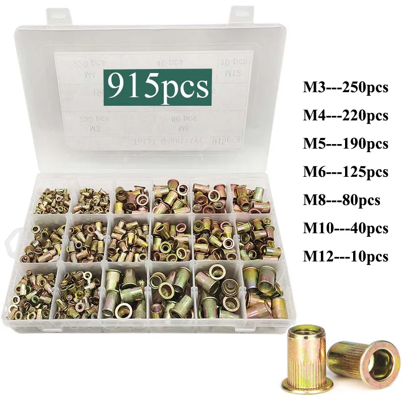 

915pcs Metric Rivet Nuts Assortment Kit M3 M4 M5 M6 M8 M10 M12 Carbon Steel Zinc Plated Finish Flat Head Threaded Insert Nut Set