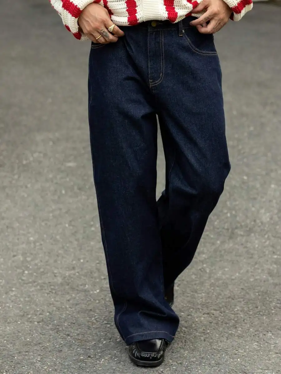 

Mens Classic Raw Denim Trousers Wide Leg Casual Fit For Autumn