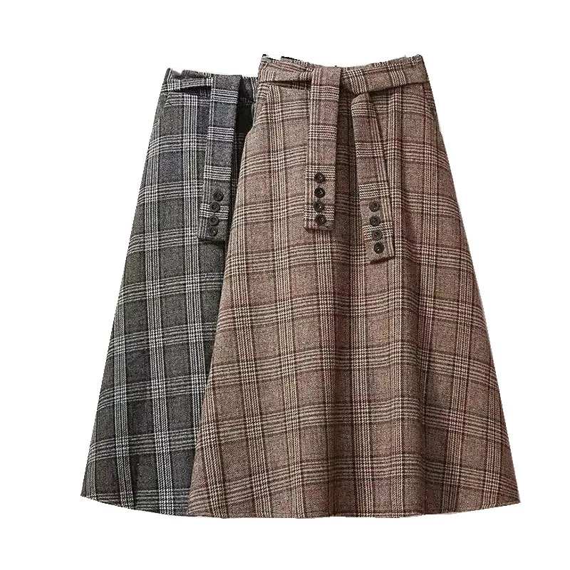 New Elegant High Waist Casual Plaid Skirts For Women Winter Korean Crotch A-line Max Skirt Ladies Front Tie Plaid Midi Skirt